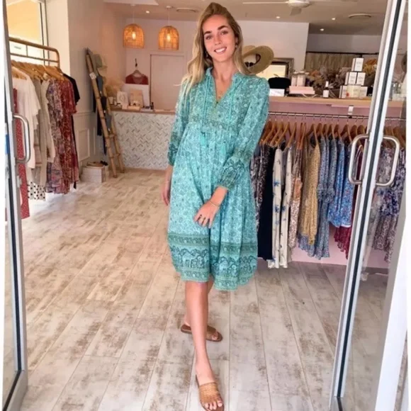 SOLD OUT Aqua Bohemian Floral Camel Long Sleeve Bohemian Gypsy Dress - Picture 2 of 5